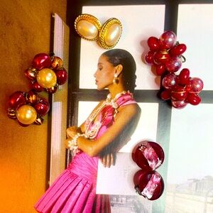 4 Pair of Pink & Red Floral and Candy Theme Vintage Earrings